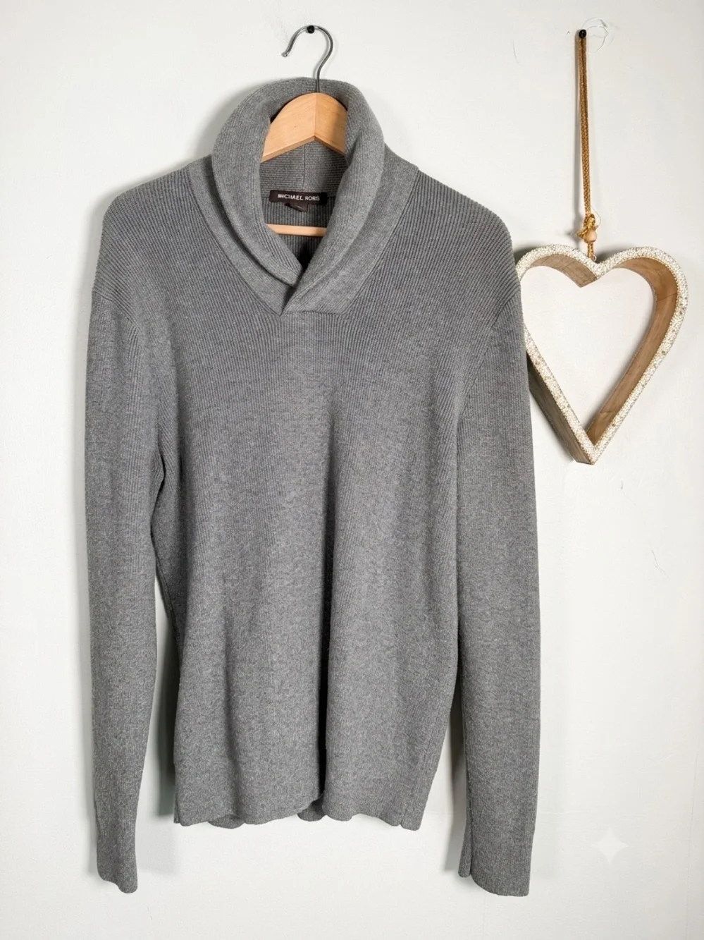 Michael Kors Men's Large Grey Shawl Collar Ribbed Knit Sweater Pullover
